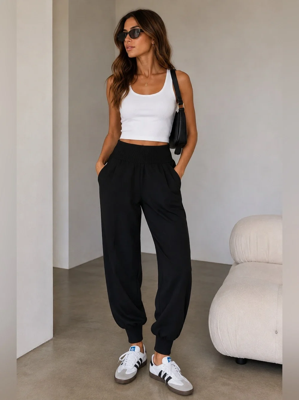 Cinq à Sept jogger Black Crepe Pants M High Rise ribbed Cuff Tapered pull on